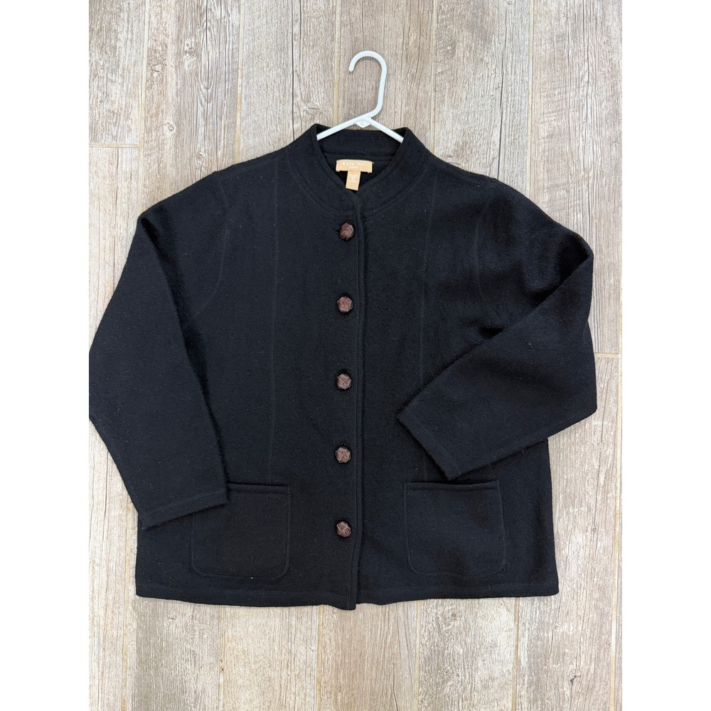 Kate Hill Cardigan Sweater Woman 3X Black Excellent 100% Wool Mock Neck Button